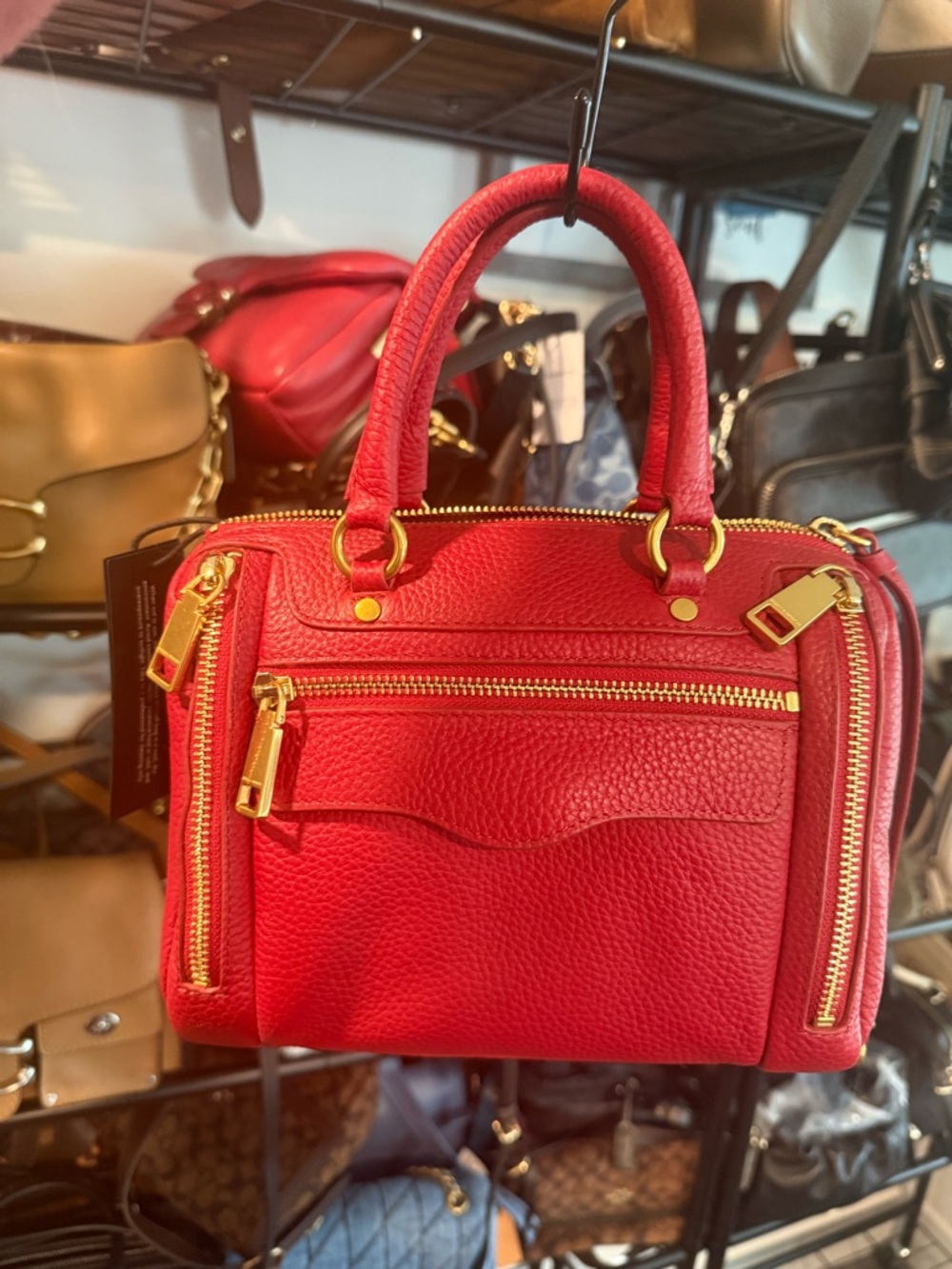 Rebecca Minkoff Red Pebbled Leather Satchel Handbag with Gold Hardware